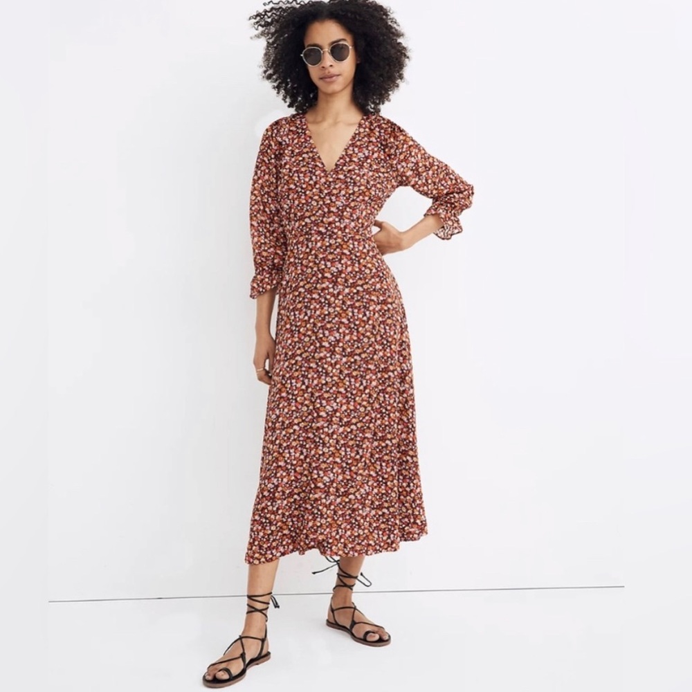 🥀 Madewell Long-Sleeve Crossover Midi Dress in Clipdot Spring Prairie - 00